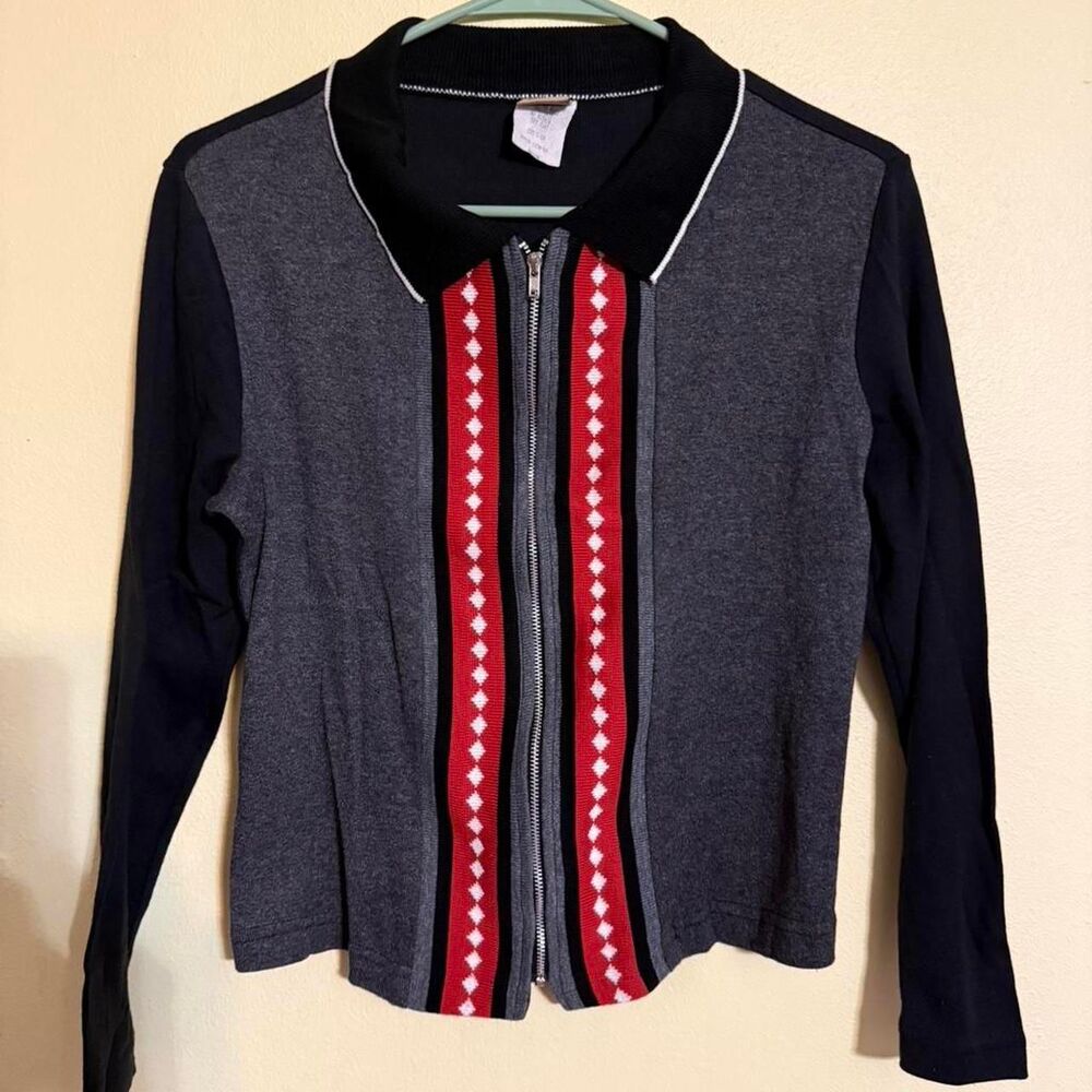 Vintage Made Good Records Y2K Knit Zip Up Cardigan USA Made Argyle Stripe Goth